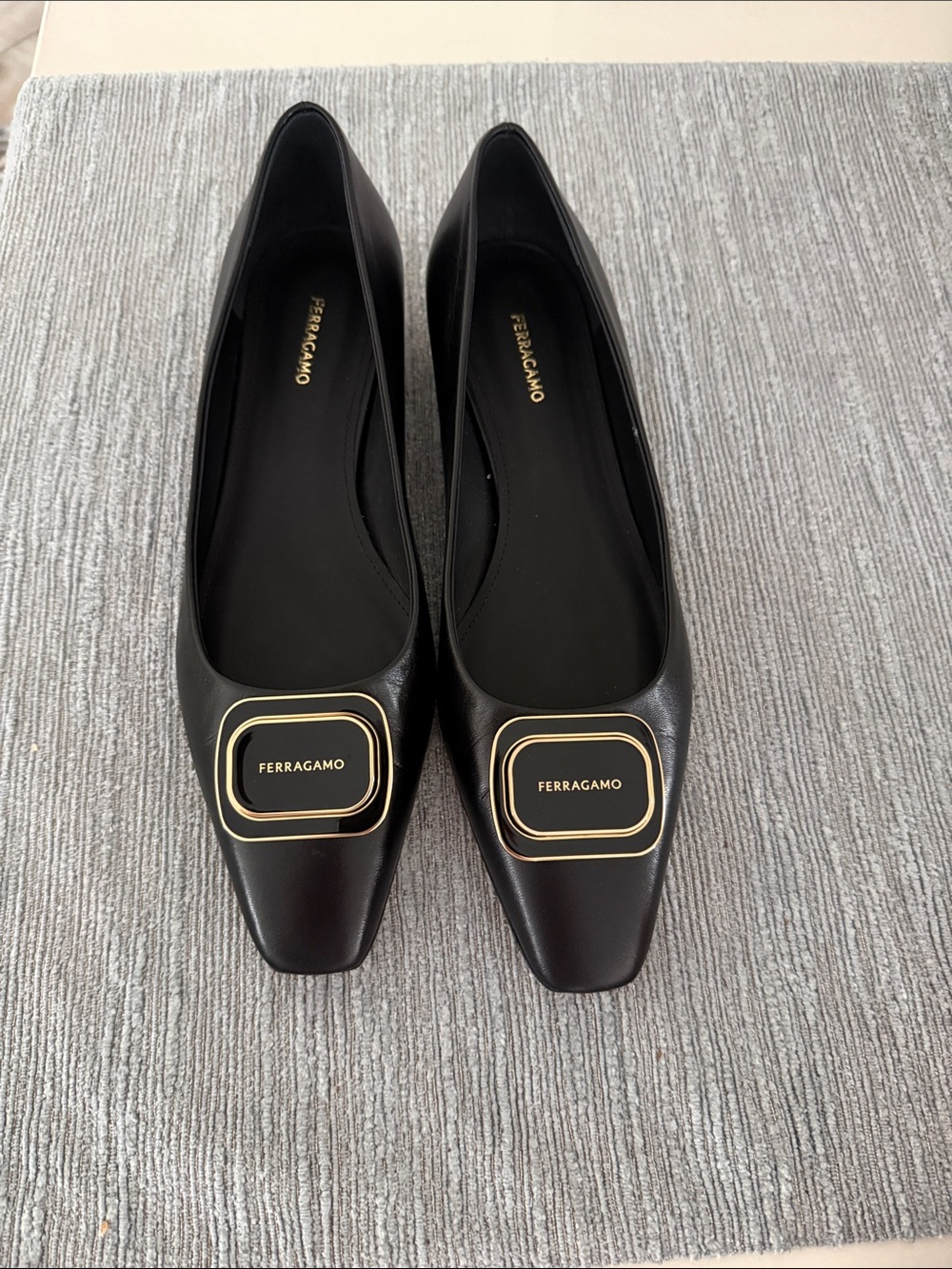 Salvatore Ferragamo Black Leather Square-Toe Flats with Gold Emblem
